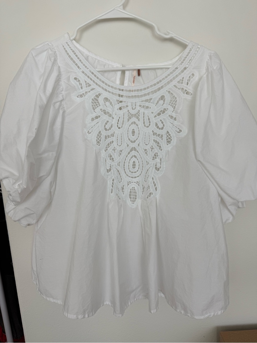 We The Free White Lace-Inset Puff Sleeve Top